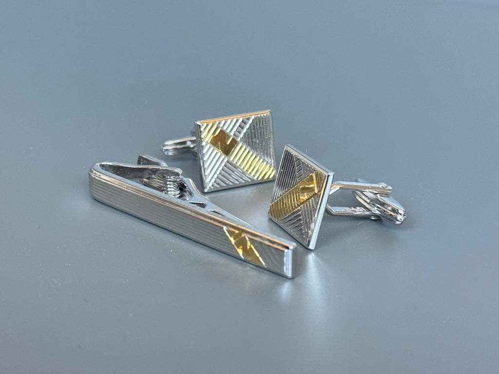 Nina Ricci Paris Men's Accessory Set – Silver &amp; Gold Detailed Cufflinks and Tie Pin | Luxury Gift Box