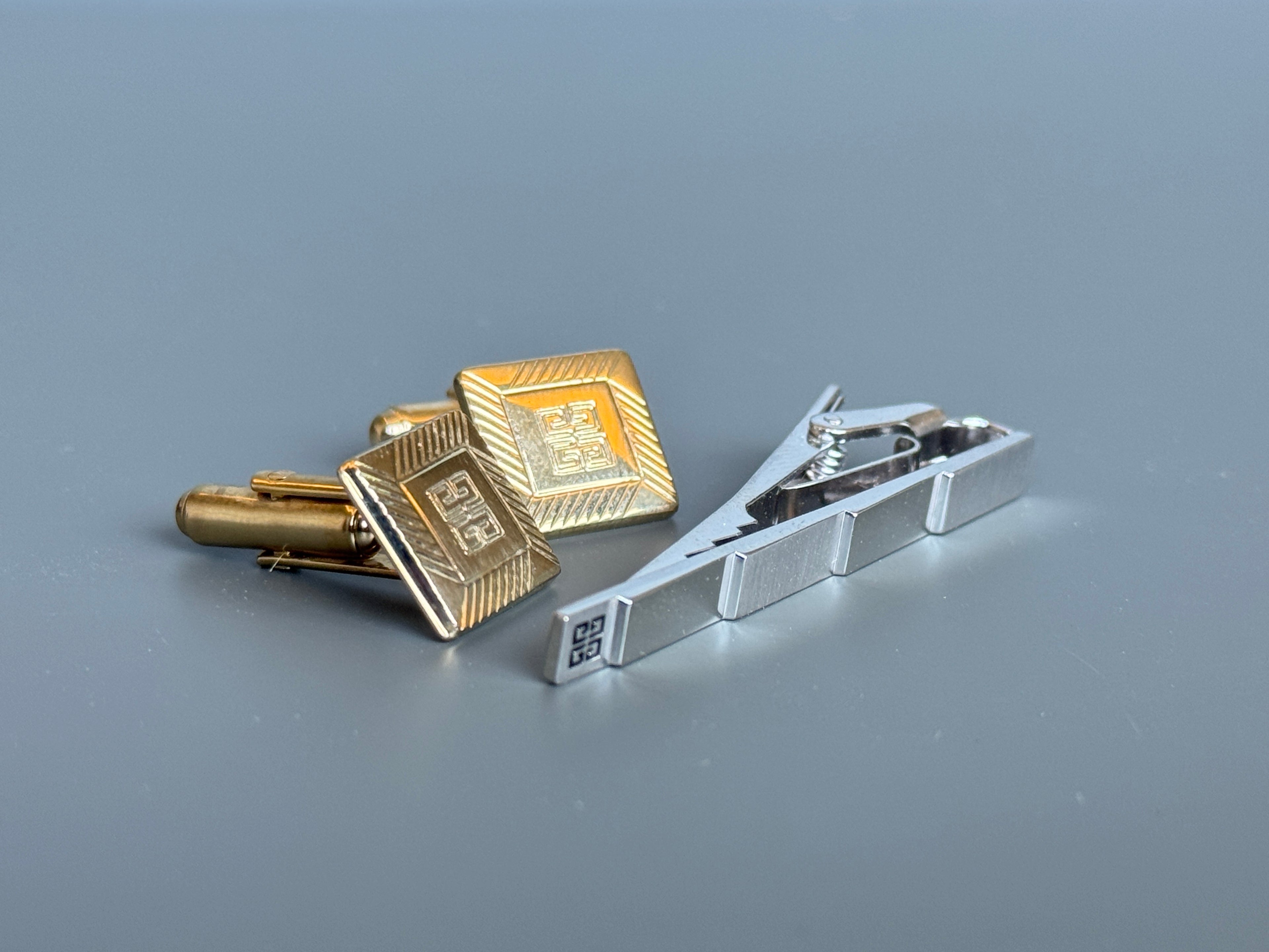 Givenchy Tie Pin &amp; Cufflink Set - Silver &amp; Gold, Iconic Logo (Vintage / Collectible)