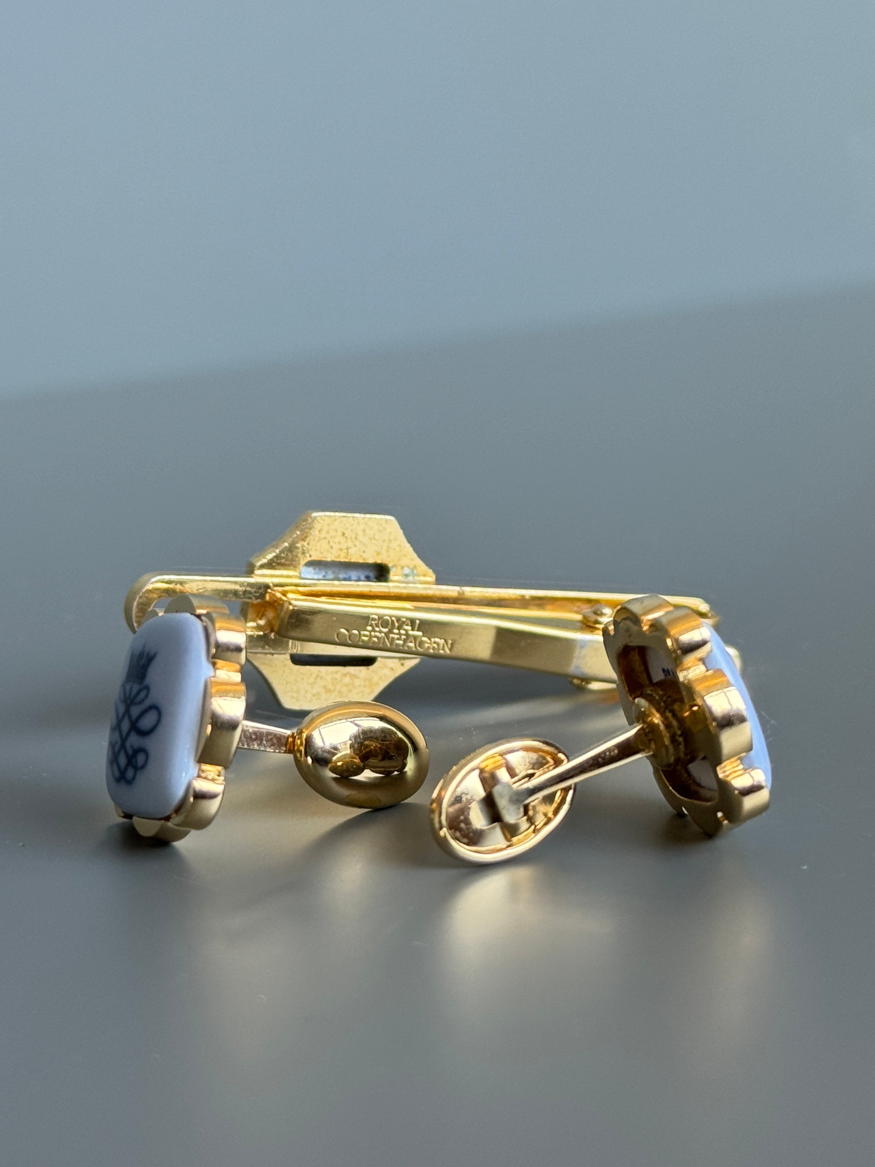 Royal Copenhagen Swank Blue Porcelain Cufflink &amp; Tie Clip Set - Luxury Men's Accessory with Gold Details