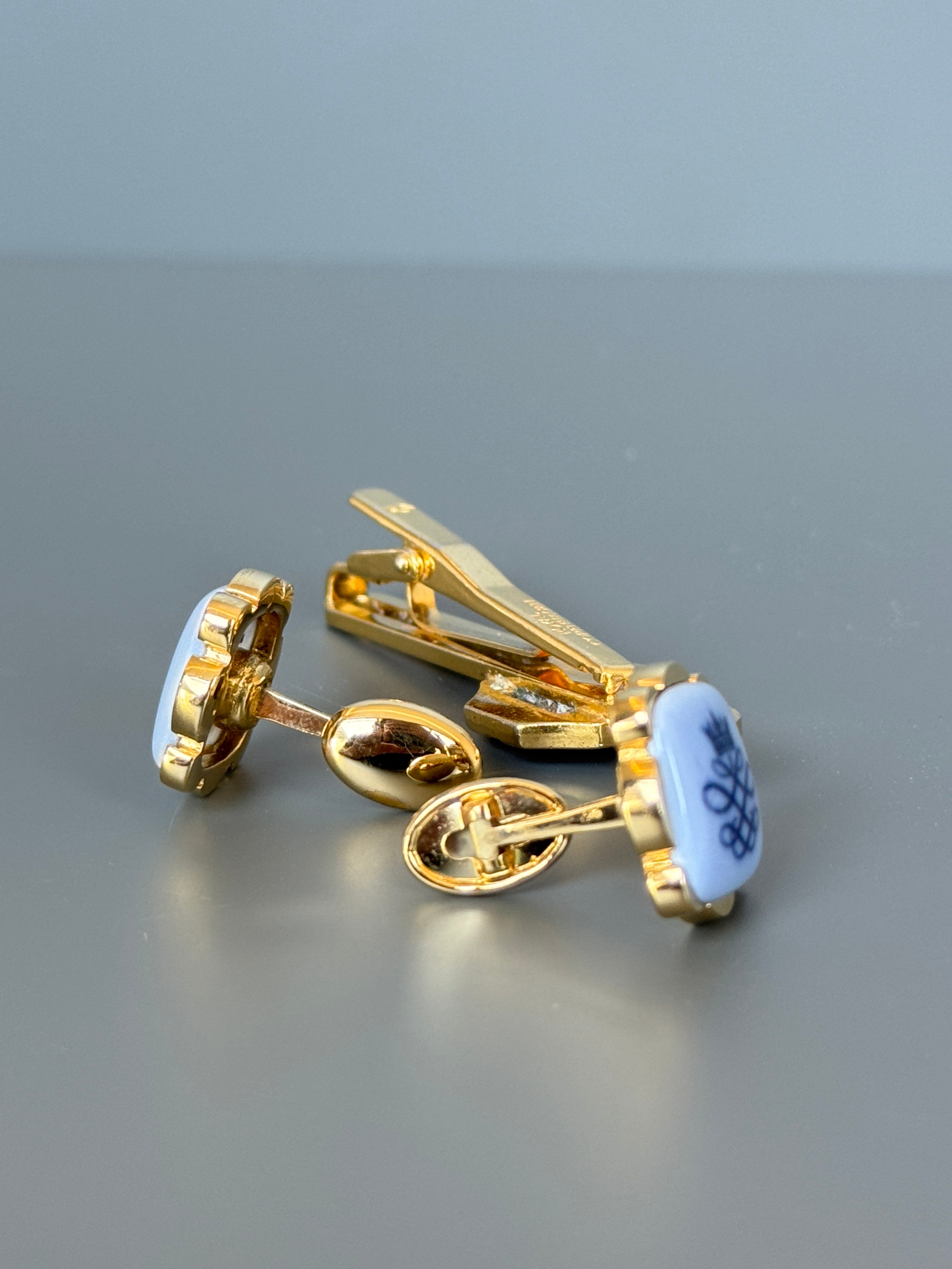 Royal Copenhagen Swank Blue Porcelain Cufflink &amp; Tie Clip Set - Luxury Men's Accessory with Gold Details
