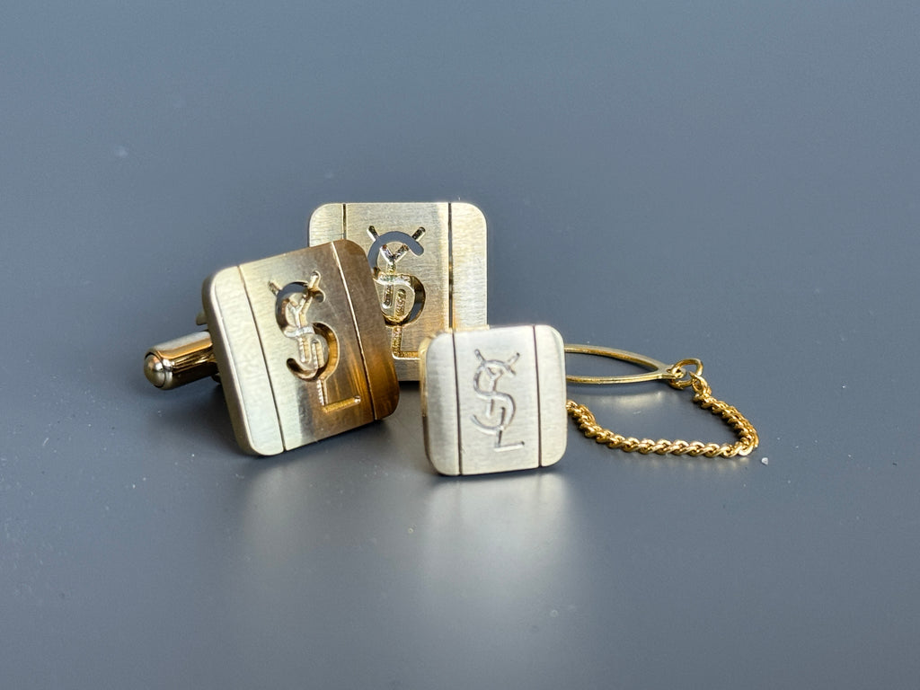 Yves Saint Laurent Men's Gift Set – Gold Cufflinks and Tie Clip | Luxury Accessory Box