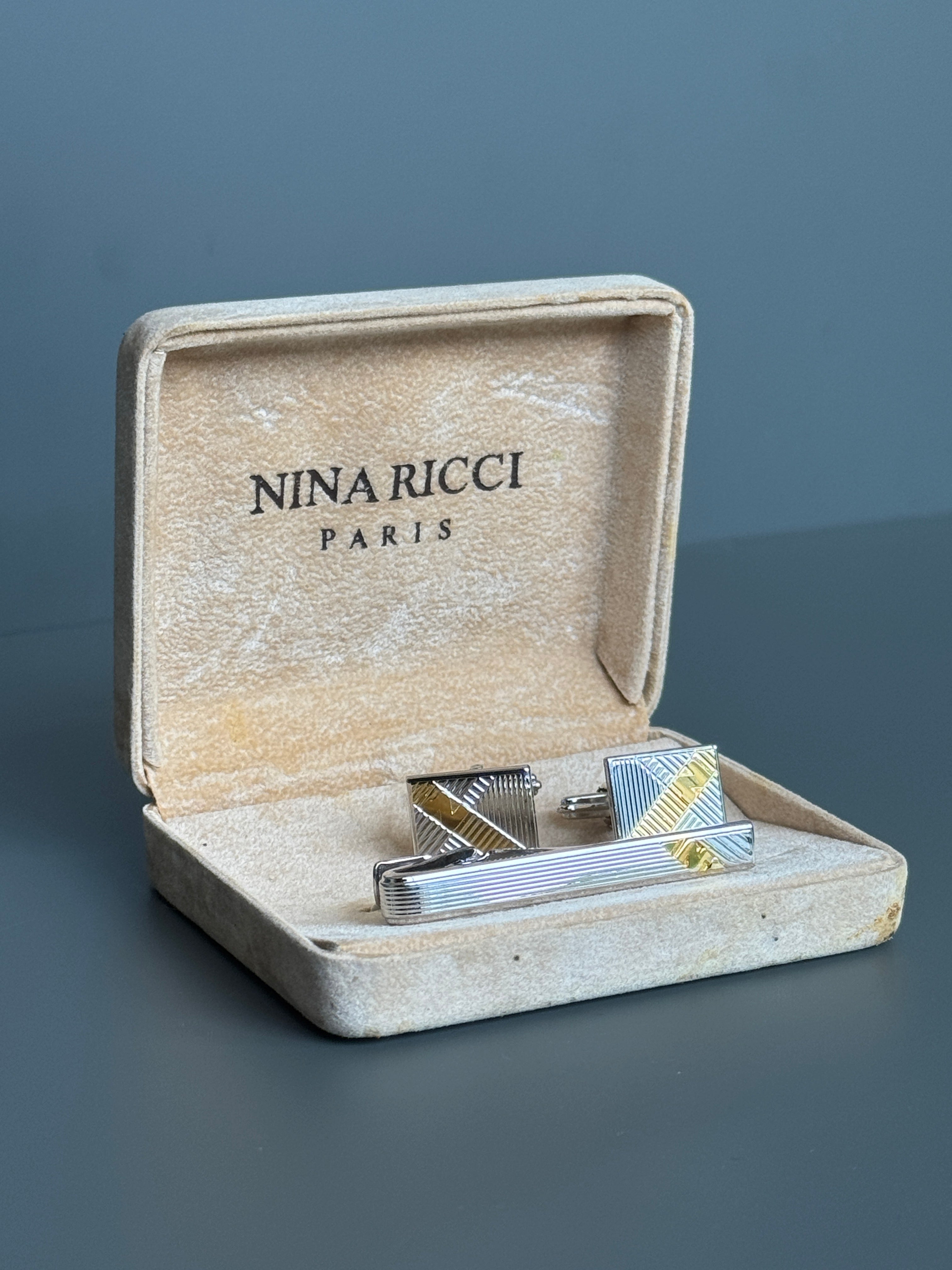 Nina Ricci Paris Men's Accessory Set – Silver &amp; Gold Detailed Cufflinks and Tie Pin | Luxury Gift Box