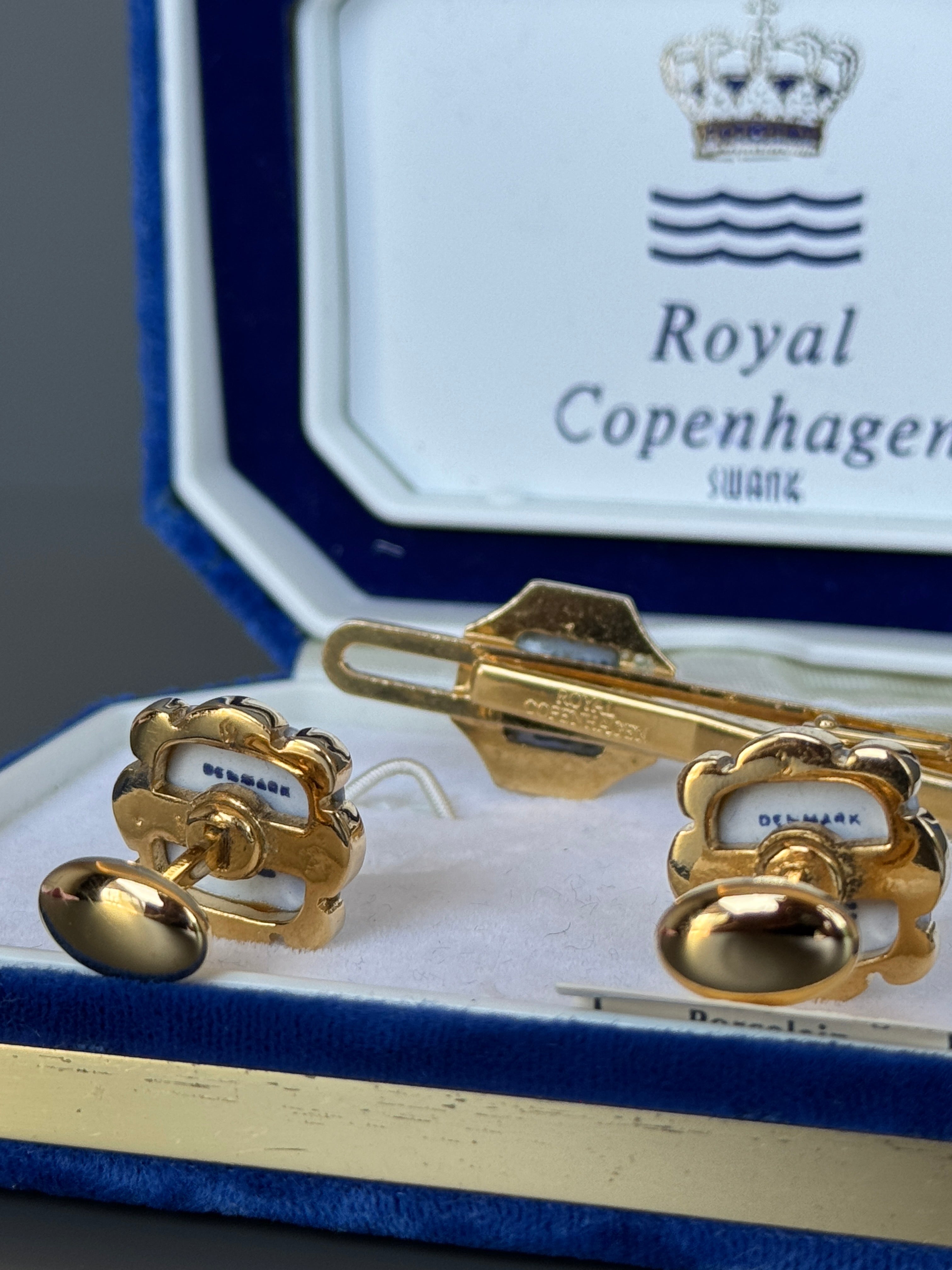 Royal Copenhagen Swank Blue Porcelain Cufflink &amp; Tie Clip Set - Luxury Men's Accessory with Gold Details