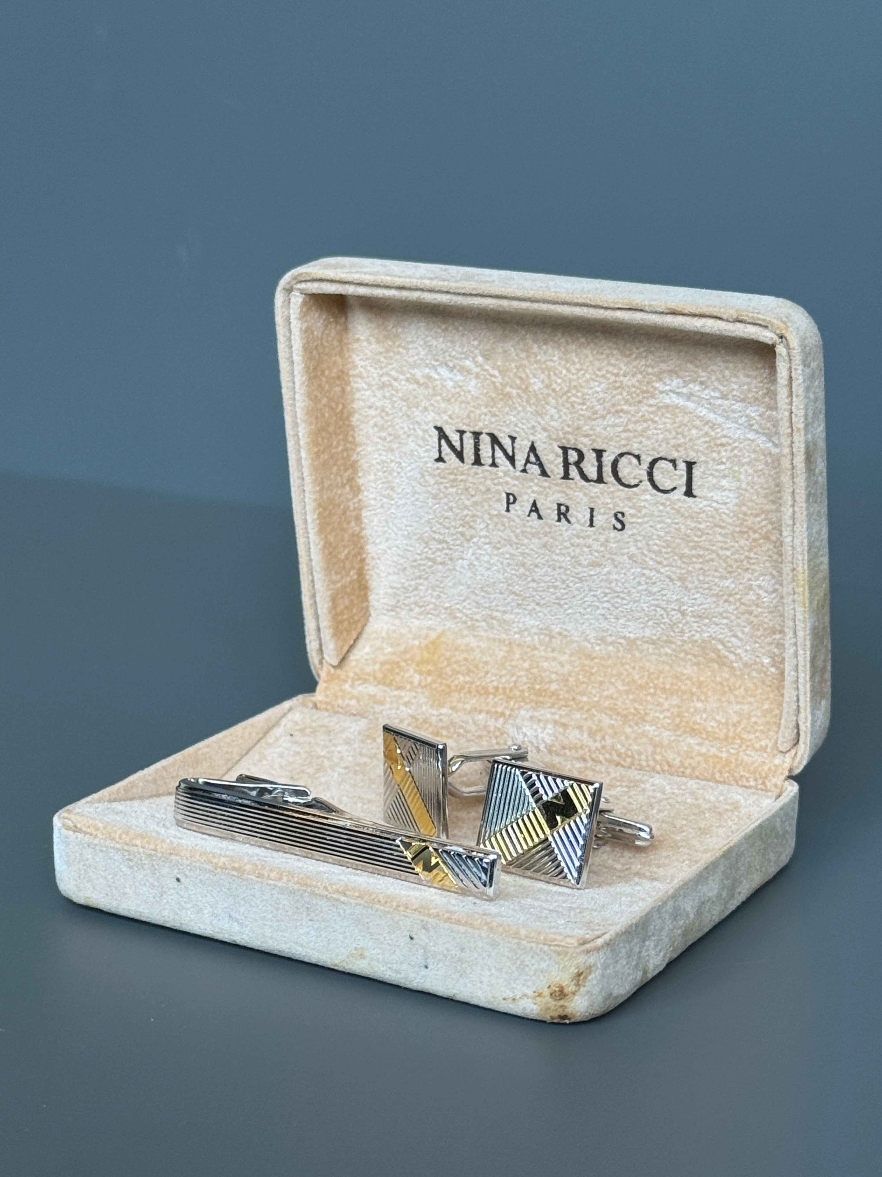 Nina Ricci Paris Men's Accessory Set – Silver &amp; Gold Detailed Cufflinks and Tie Pin | Luxury Gift Box