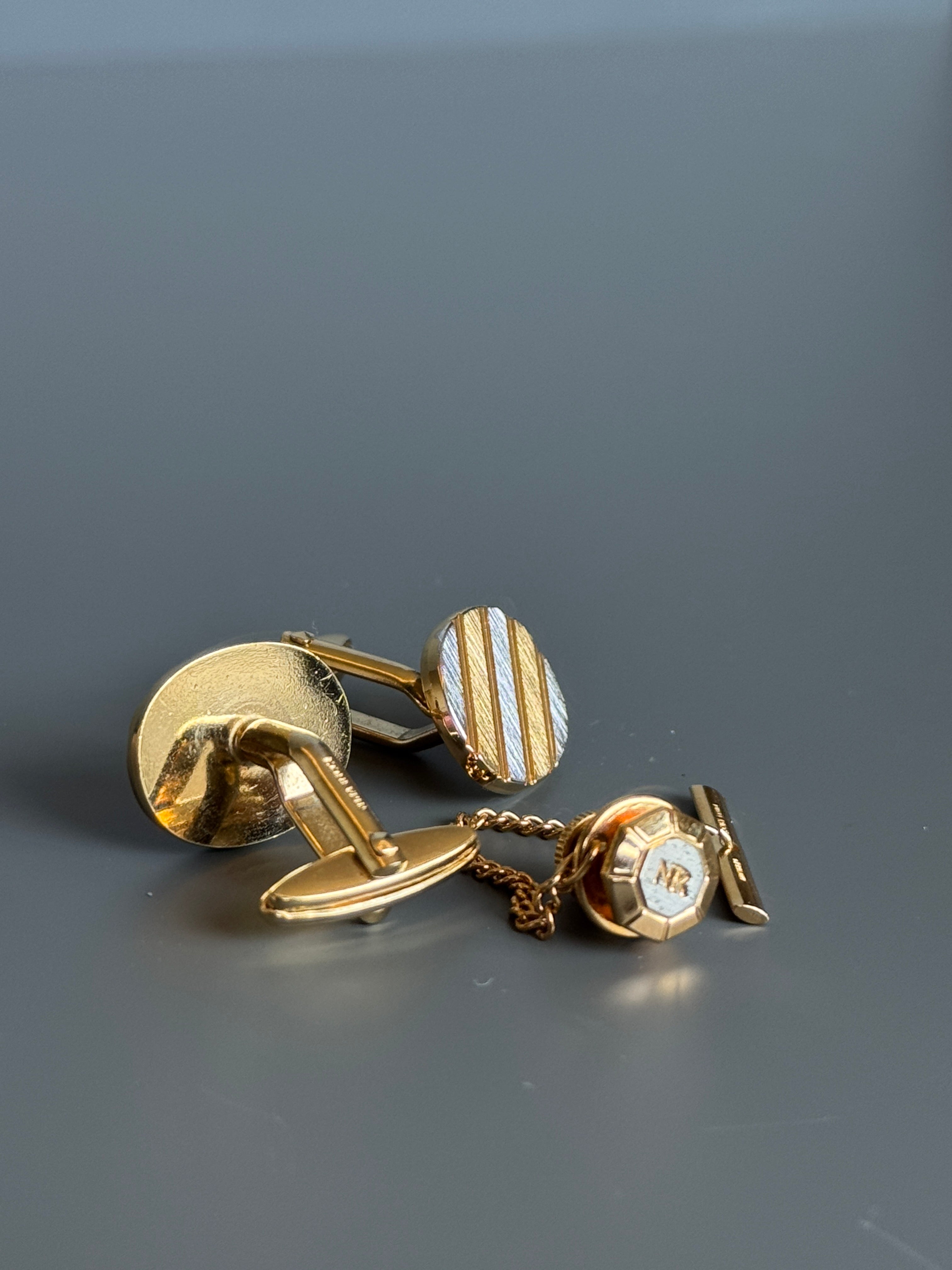 Nina Ricci Paris Gold &amp; Silver Stripe Cufflink Set - Timeless French Men's Elegance