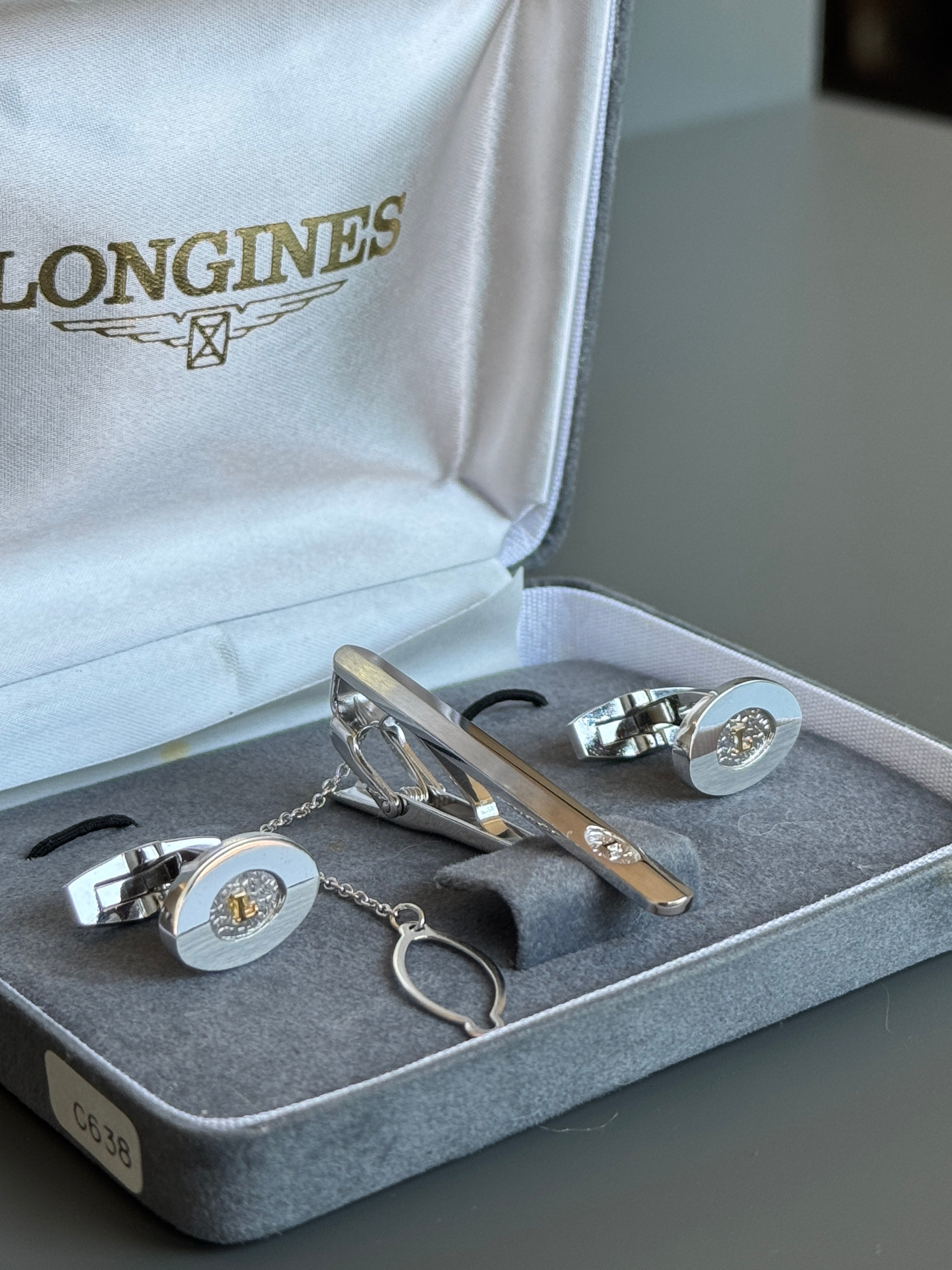 Longines Silver Deluxe Cufflink &amp; Tie Clip Set - Stylish Men's Accessories in a Special Box