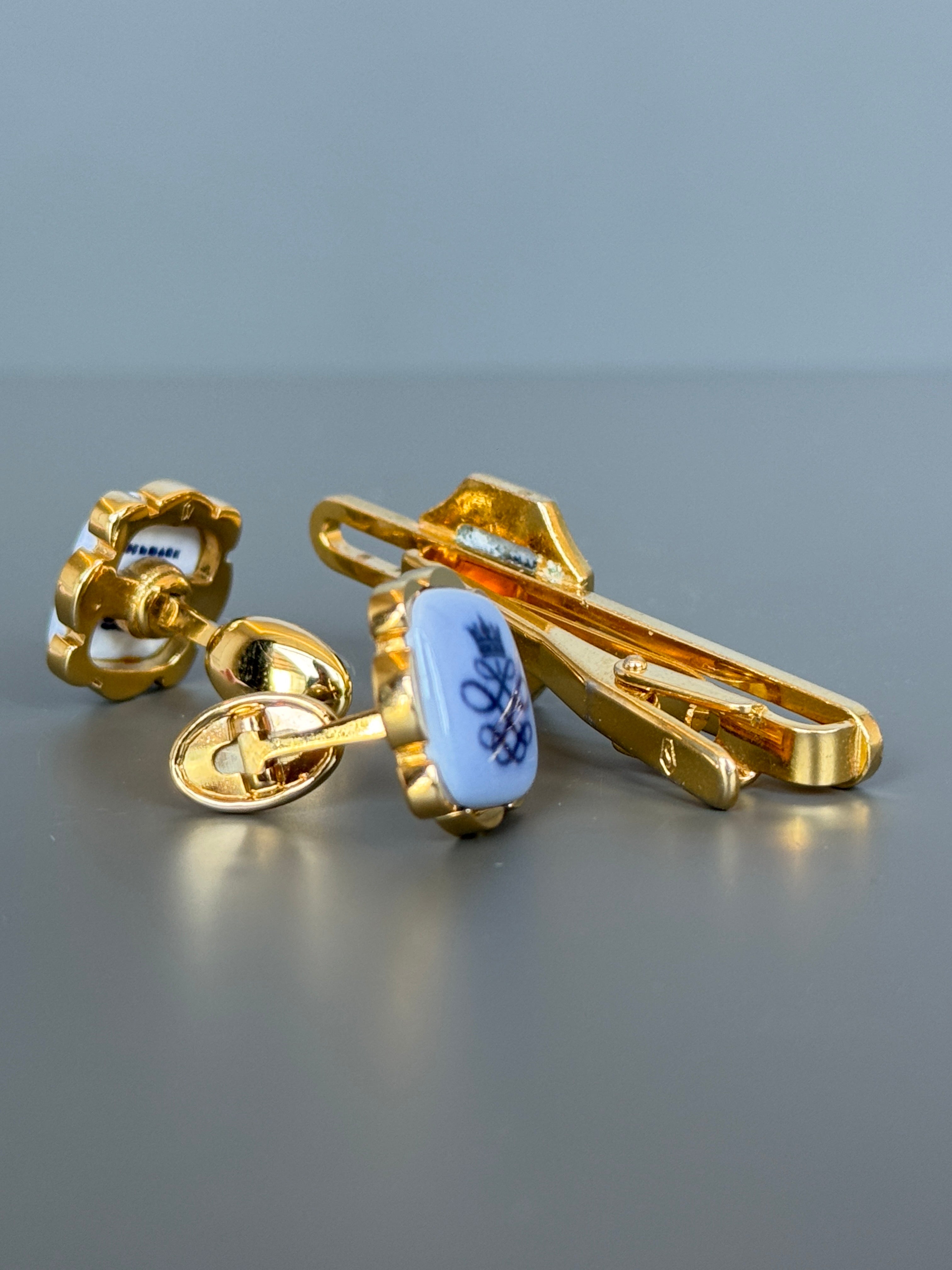 Royal Copenhagen Swank Blue Porcelain Cufflink &amp; Tie Clip Set - Luxury Men's Accessory with Gold Details