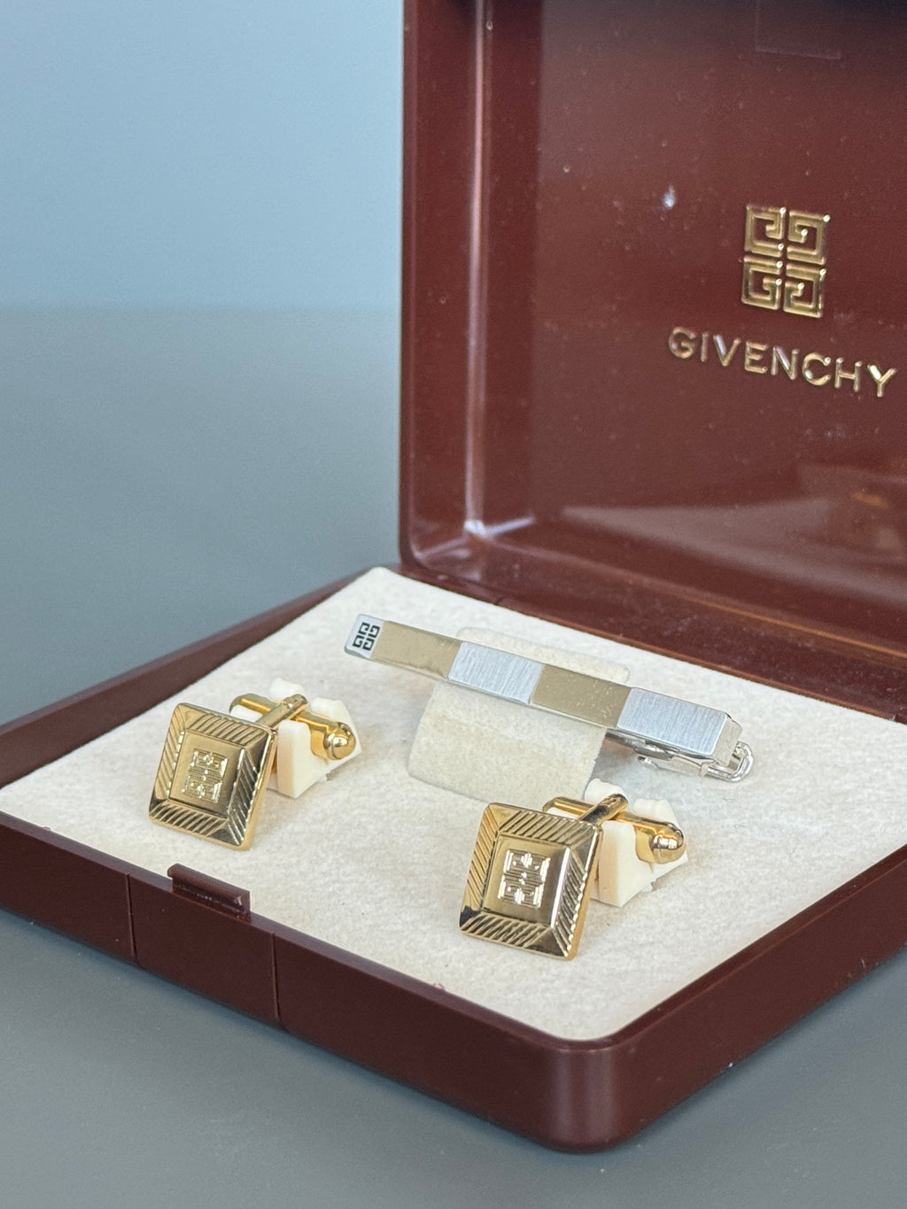 Givenchy Tie Pin &amp; Cufflink Set - Silver &amp; Gold, Iconic Logo (Vintage / Collectible)