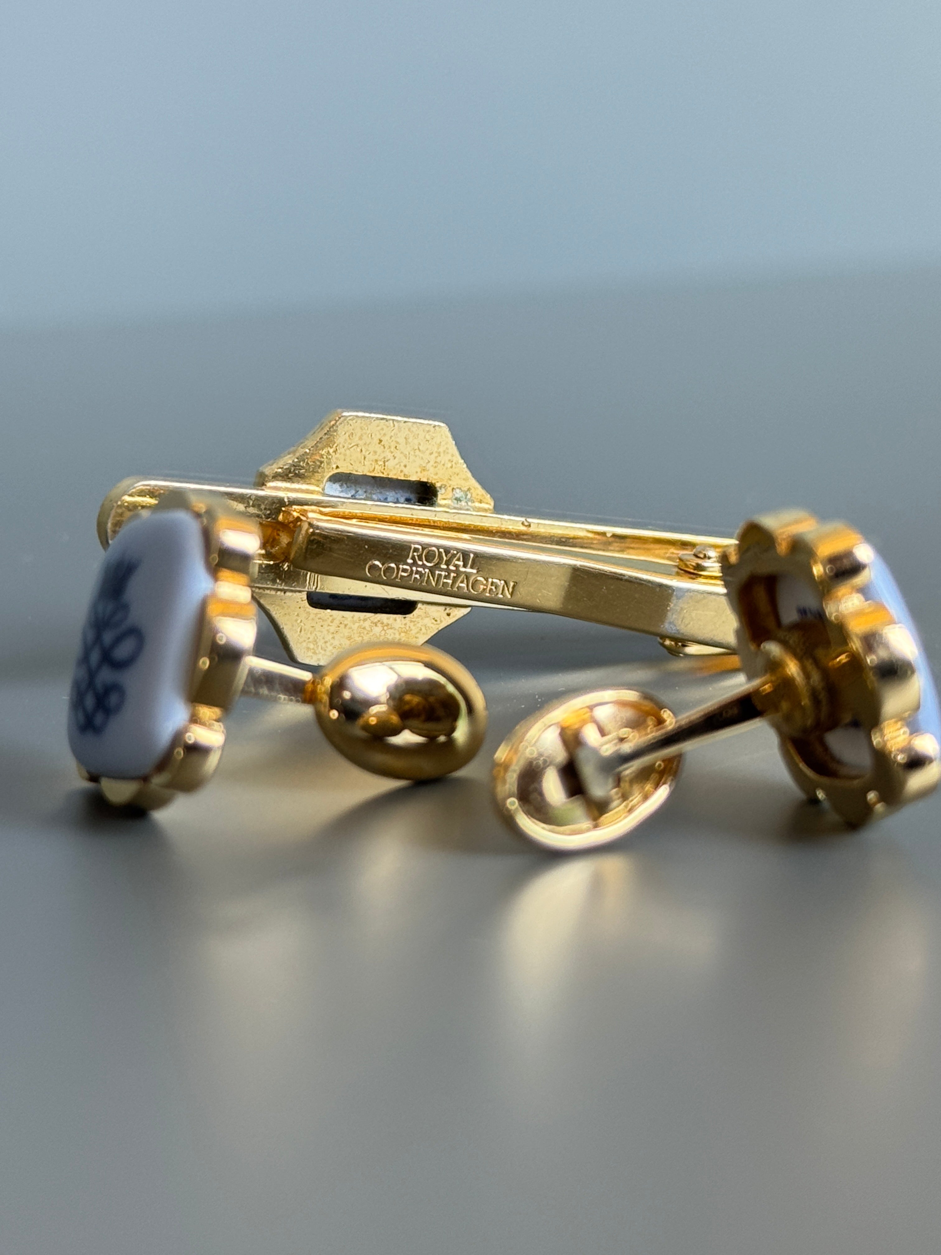Royal Copenhagen Swank Blue Porcelain Cufflink &amp; Tie Clip Set - Luxury Men's Accessory with Gold Details