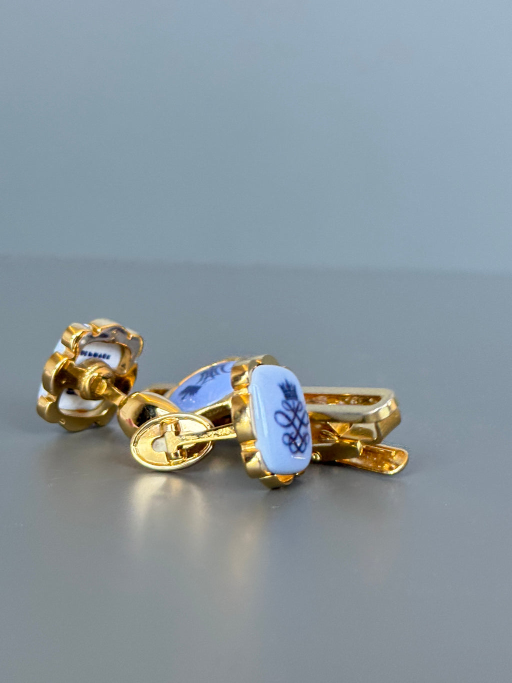 Royal Copenhagen Swank Blue Porcelain Cufflink &amp; Tie Clip Set - Luxury Men's Accessory with Gold Details