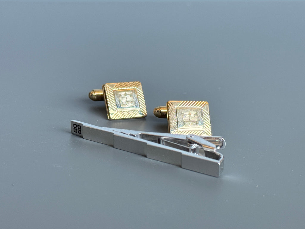 Givenchy Tie Pin &amp; Cufflink Set - Silver &amp; Gold, Iconic Logo (Vintage / Collectible)