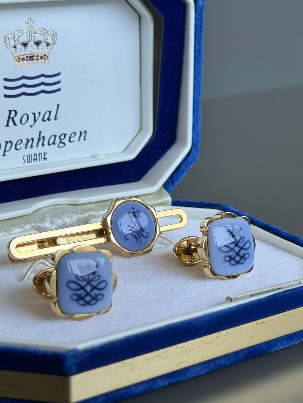 Royal Copenhagen Swank Blue Porcelain Cufflink &amp; Tie Clip Set - Luxury Men's Accessory with Gold Details