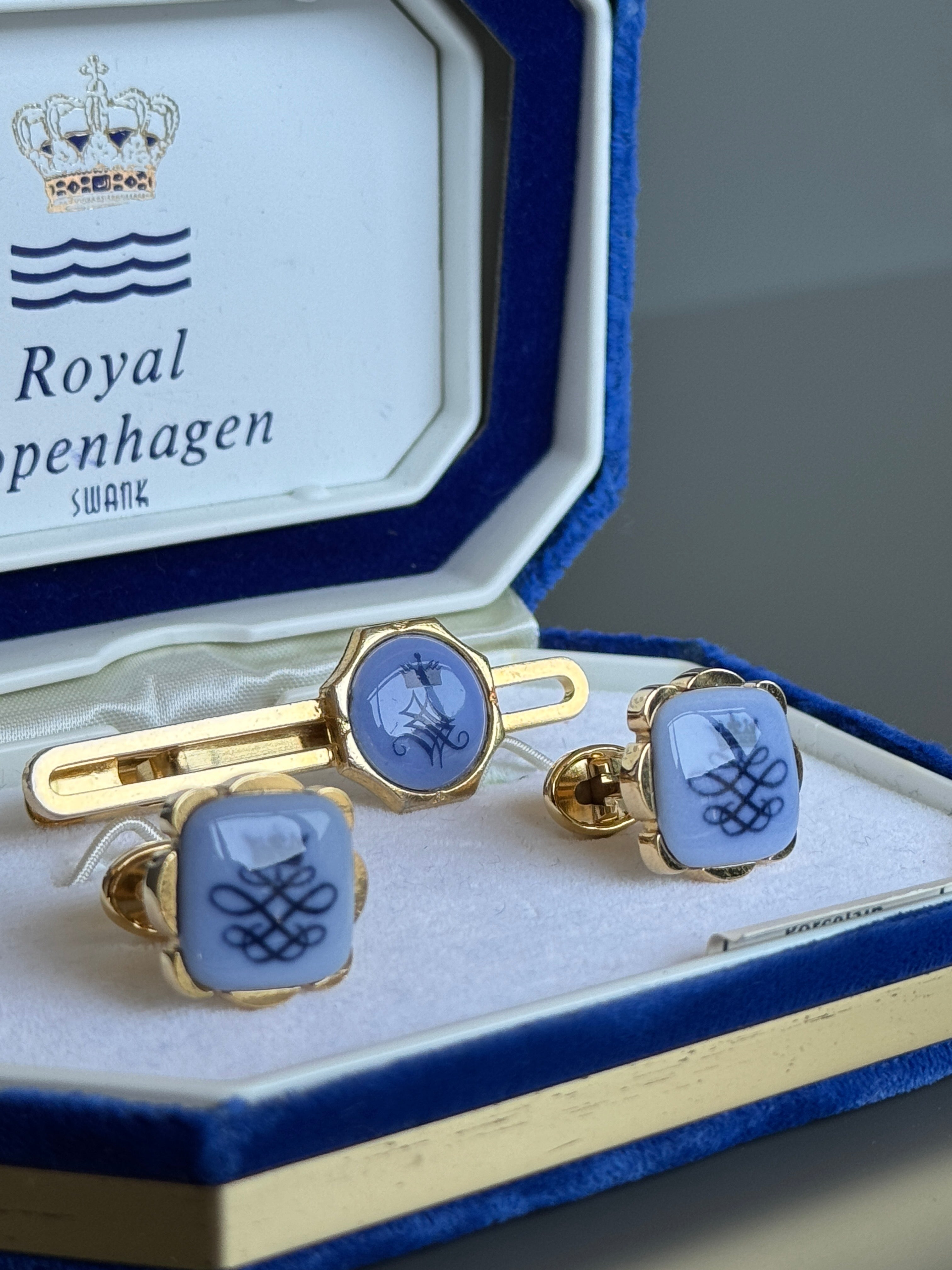 Royal Copenhagen Swank Blue Porcelain Cufflink &amp; Tie Clip Set - Luxury Men's Accessory with Gold Details
