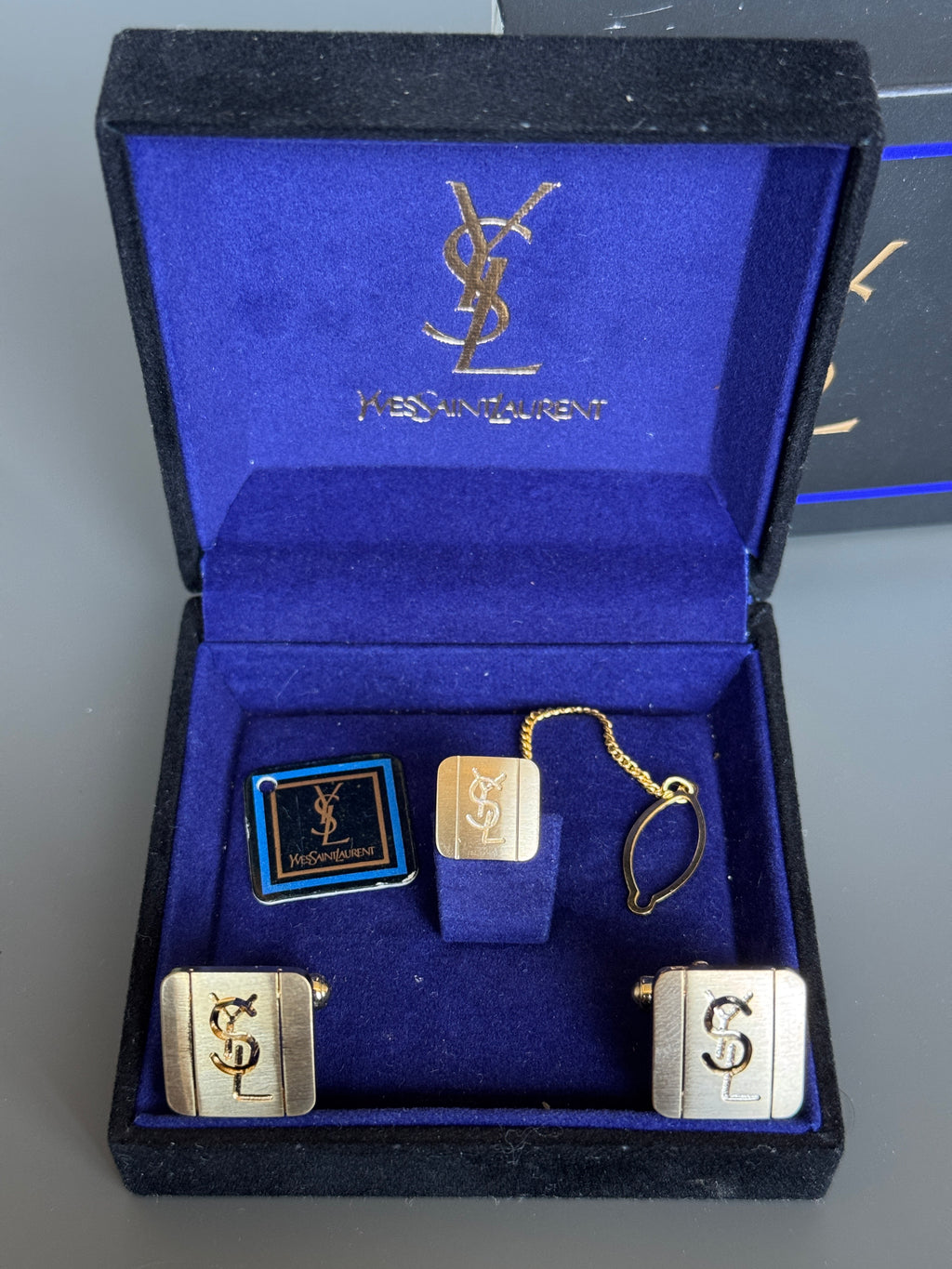Yves Saint Laurent Men's Gift Set – Gold Cufflinks and Tie Clip | Luxury Accessory Box