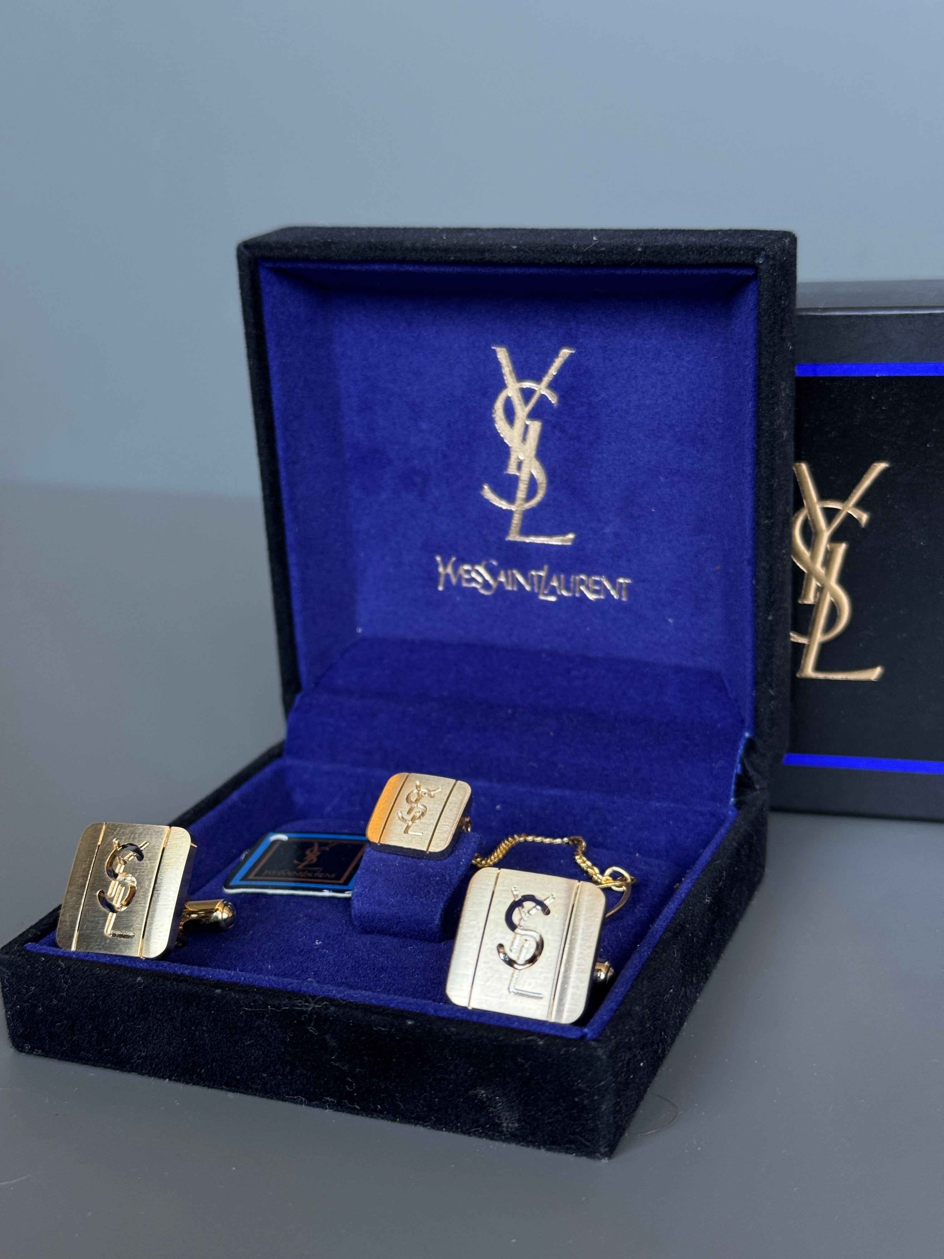 Yves Saint Laurent Men's Gift Set – Gold Cufflinks and Tie Clip | Luxury Accessory Box