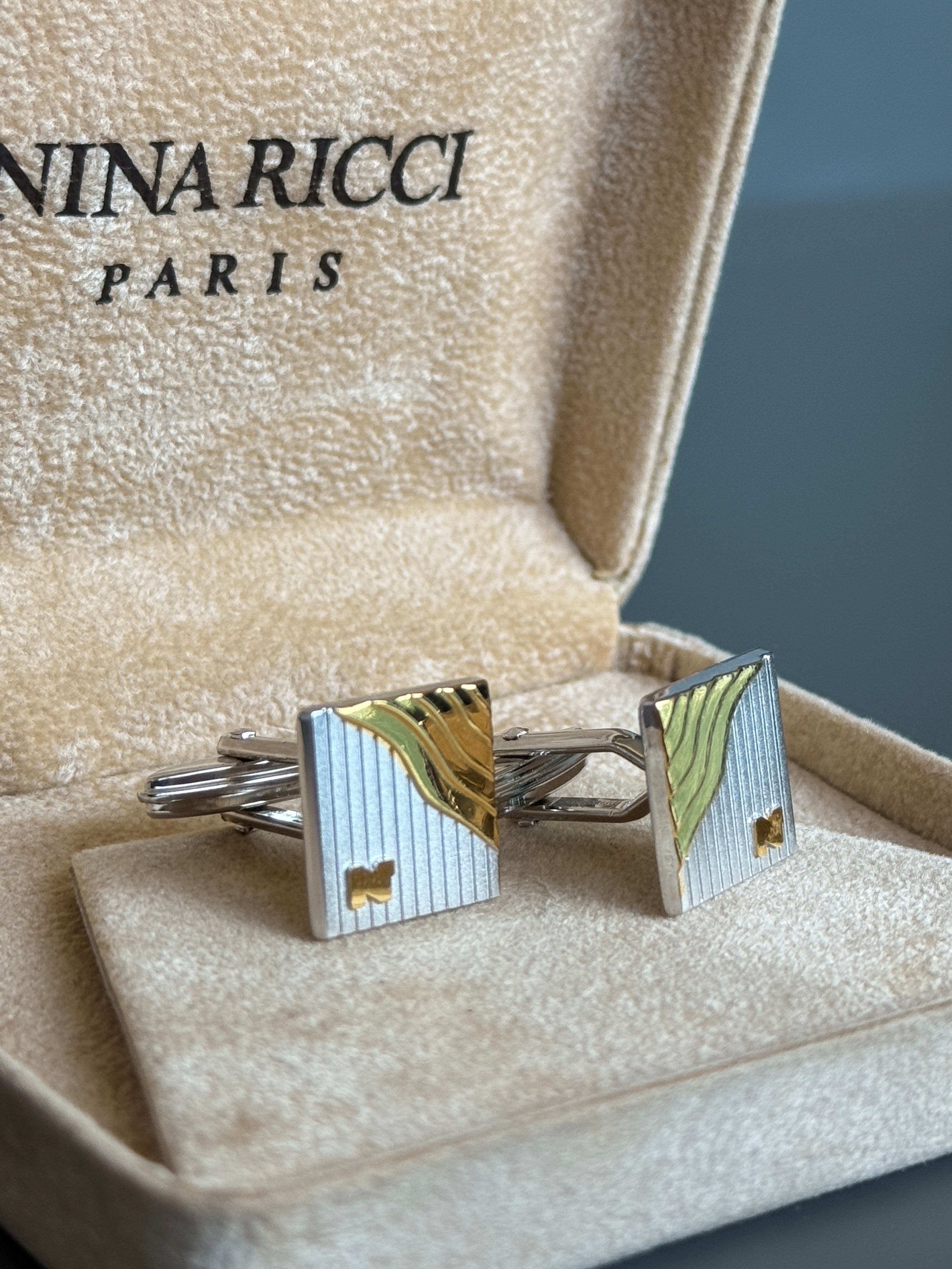 Nina Ricci Paris Men's Cufflinks - Gold &amp; Silver Square Design - Stylish Men's Accessories