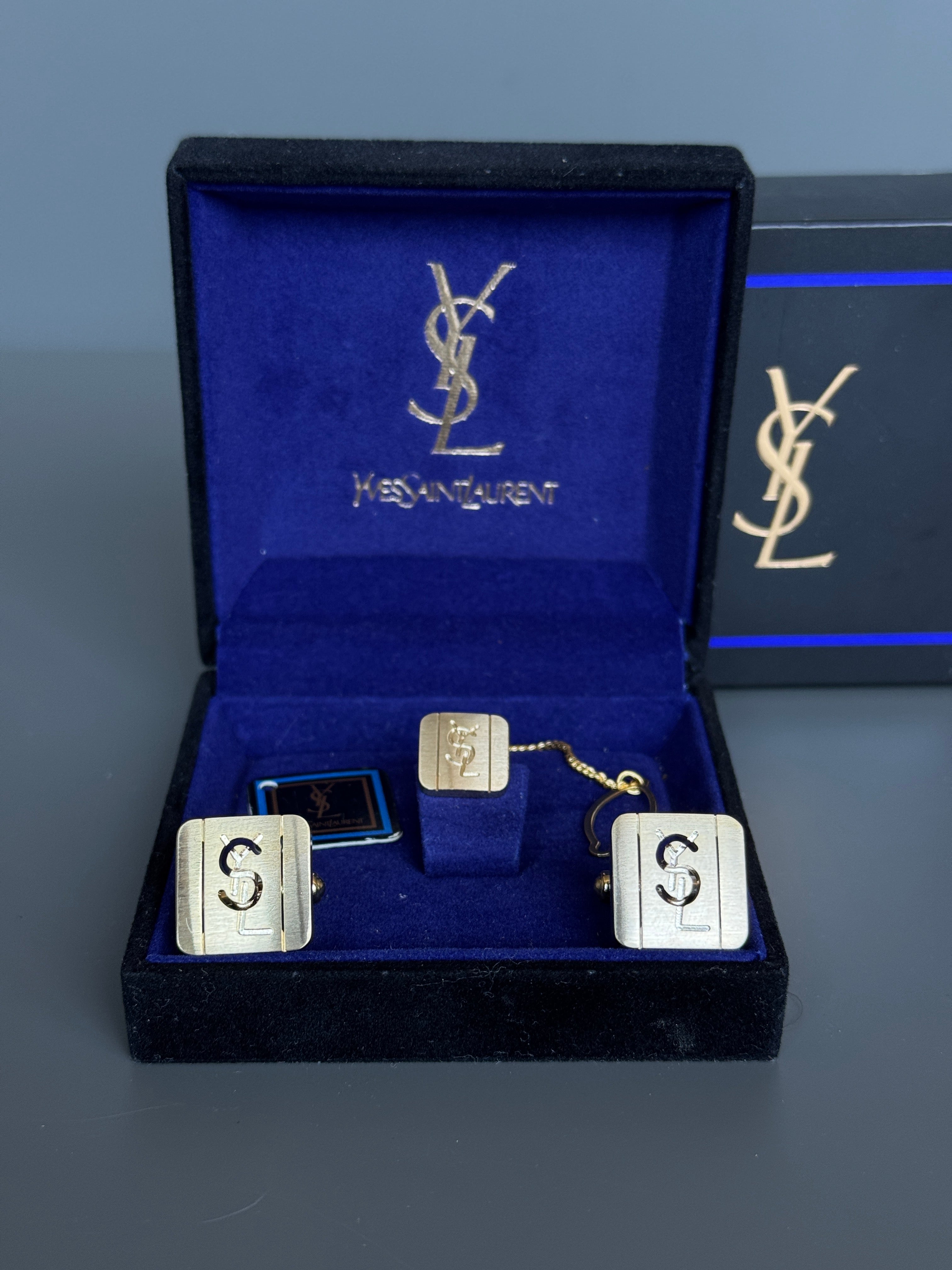 Yves Saint Laurent Men's Gift Set – Gold Cufflinks and Tie Clip | Luxury Accessory Box