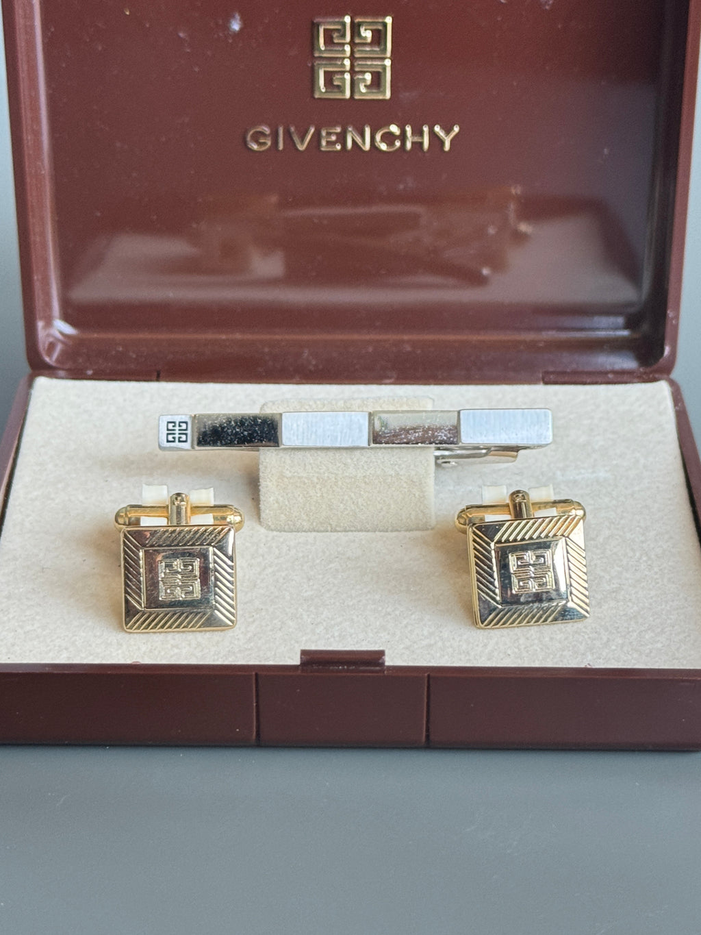 Givenchy Tie Pin &amp; Cufflink Set - Silver &amp; Gold, Iconic Logo (Vintage / Collectible)