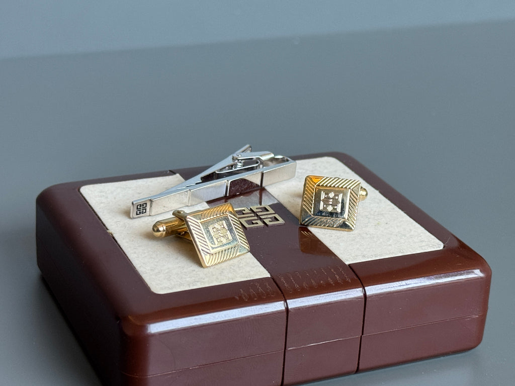 Givenchy Tie Pin &amp; Cufflink Set - Silver &amp; Gold, Iconic Logo (Vintage / Collectible)