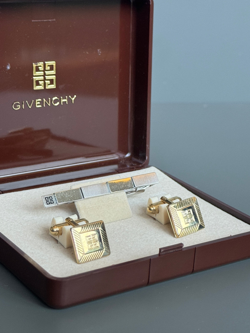Givenchy Tie Pin &amp; Cufflink Set - Silver &amp; Gold, Iconic Logo (Vintage / Collectible)