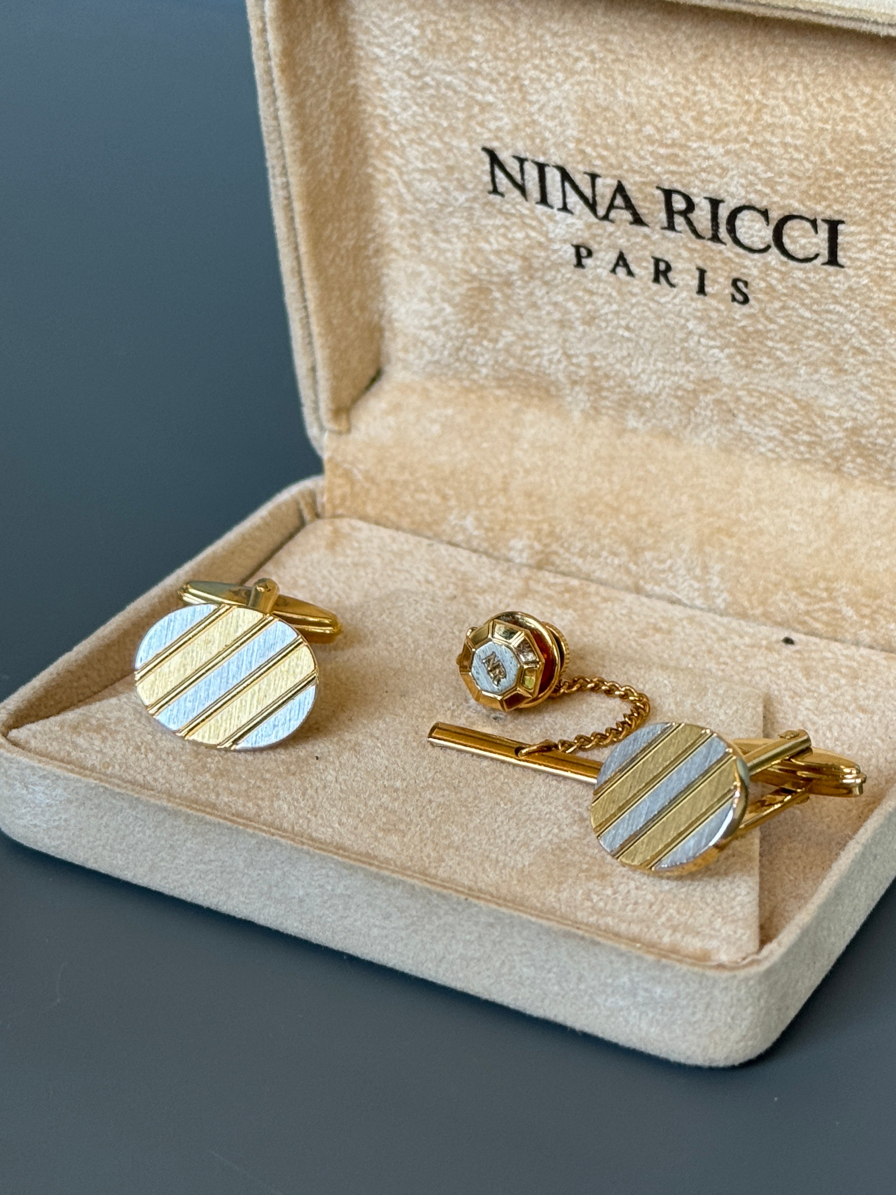 Nina Ricci Paris Gold &amp; Silver Stripe Cufflink Set - Timeless French Men's Elegance