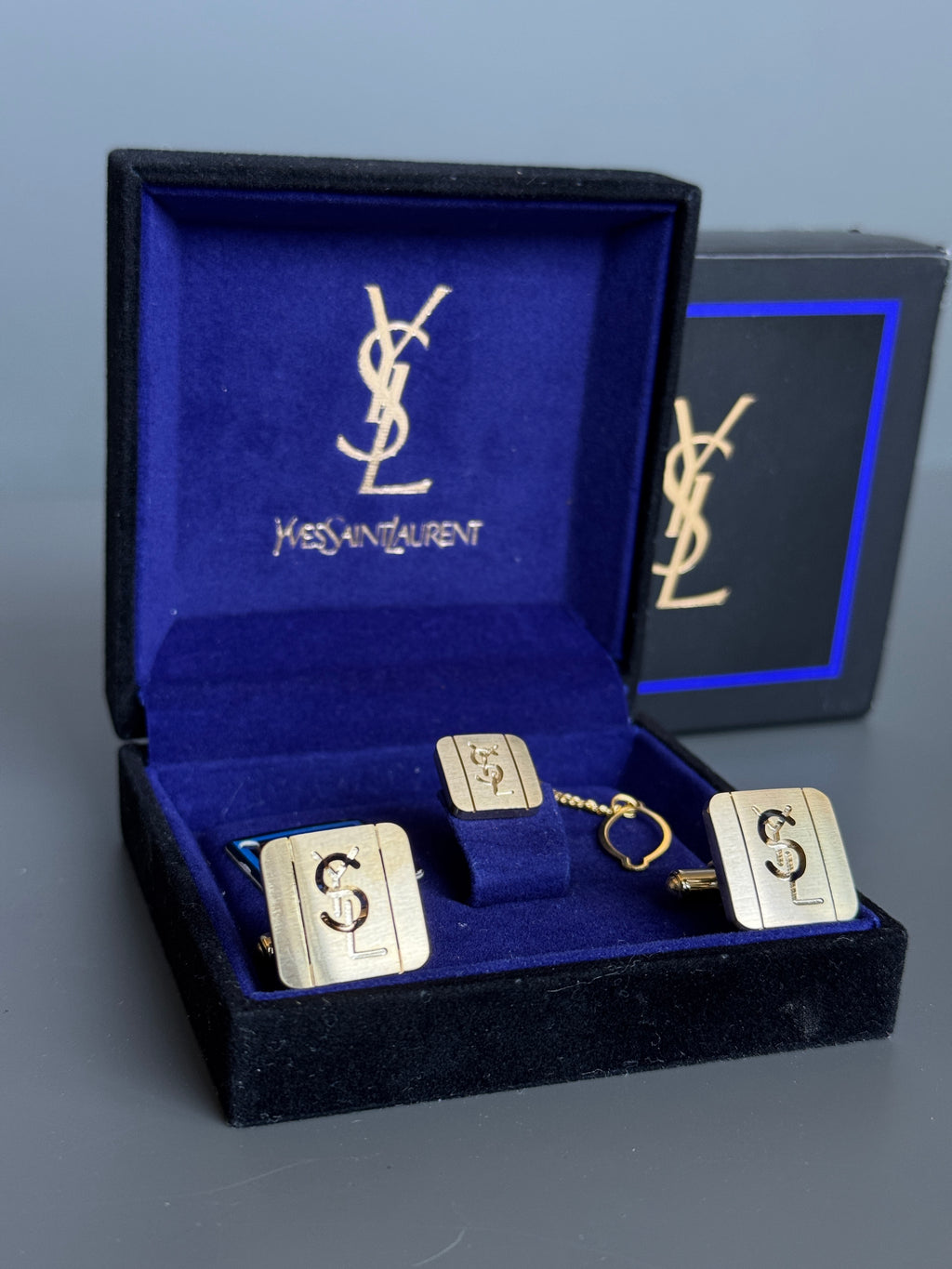 Yves Saint Laurent Men's Gift Set – Gold Cufflinks and Tie Clip | Luxury Accessory Box
