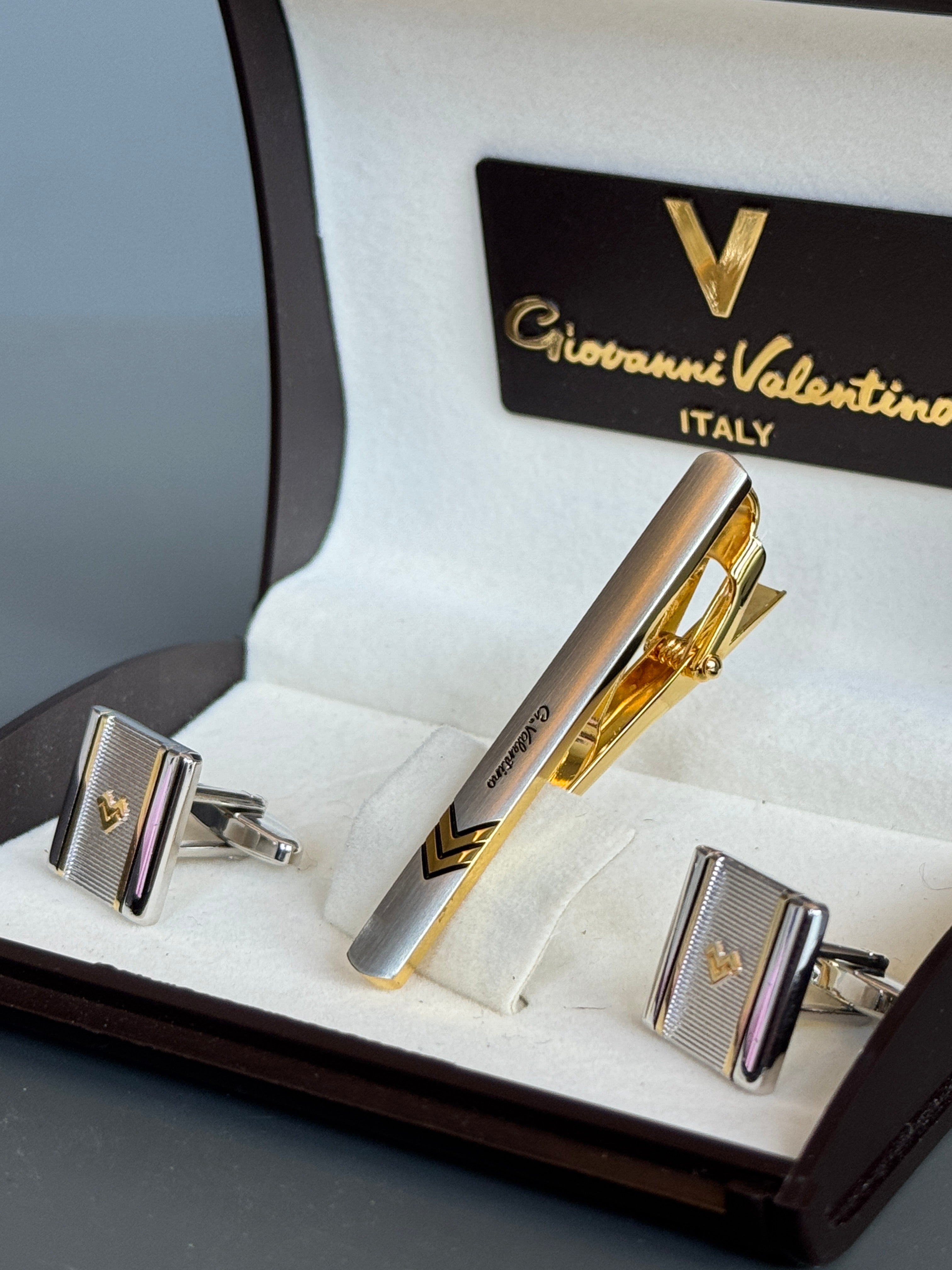 Giovanni Valentino Italy Men's Cufflink &amp; Tie Clip Set - Gold &amp; Silver Design - Stylish Men's Accessories