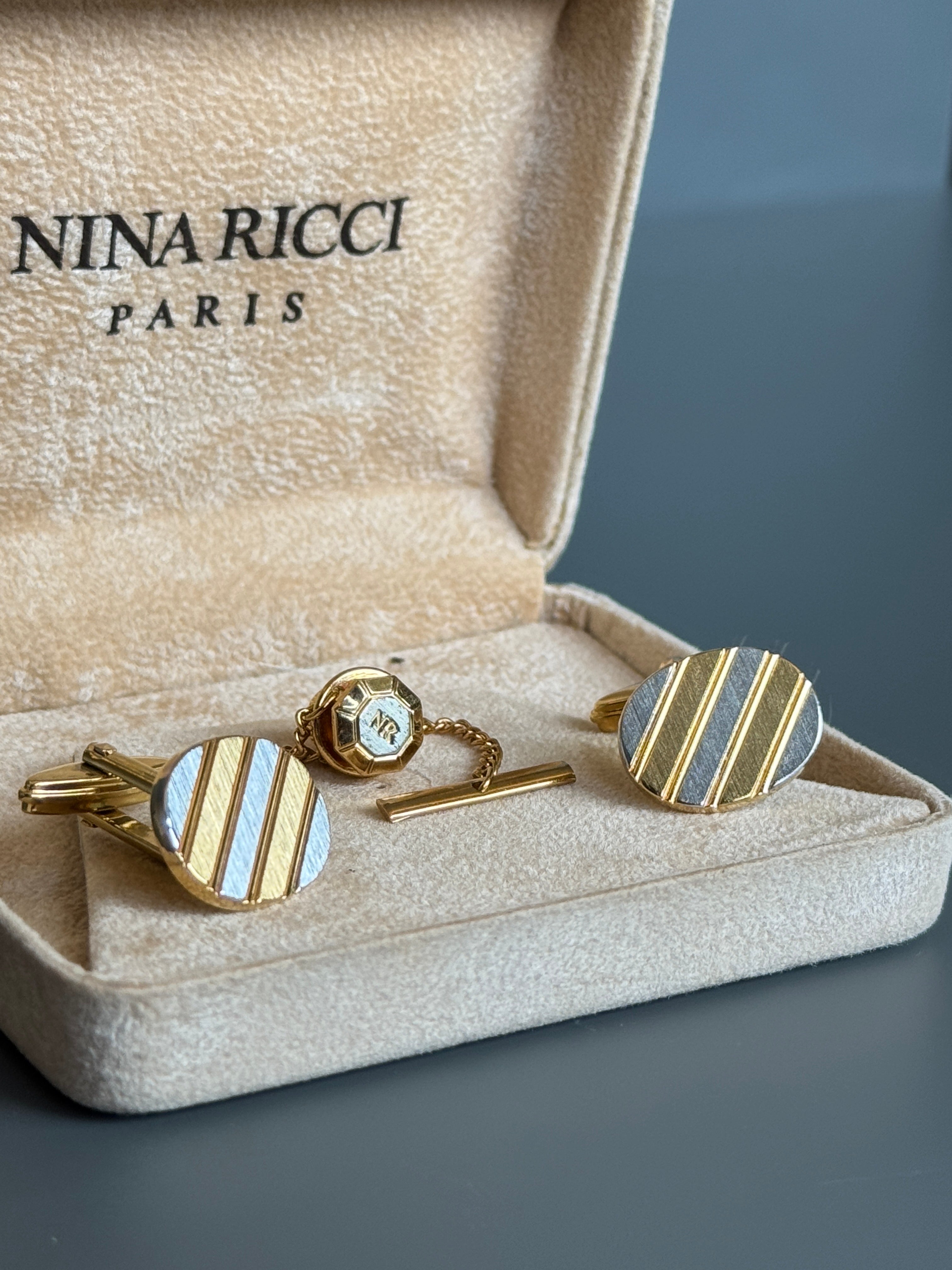 Nina Ricci Paris Gold &amp; Silver Stripe Cufflink Set - Timeless French Men's Elegance