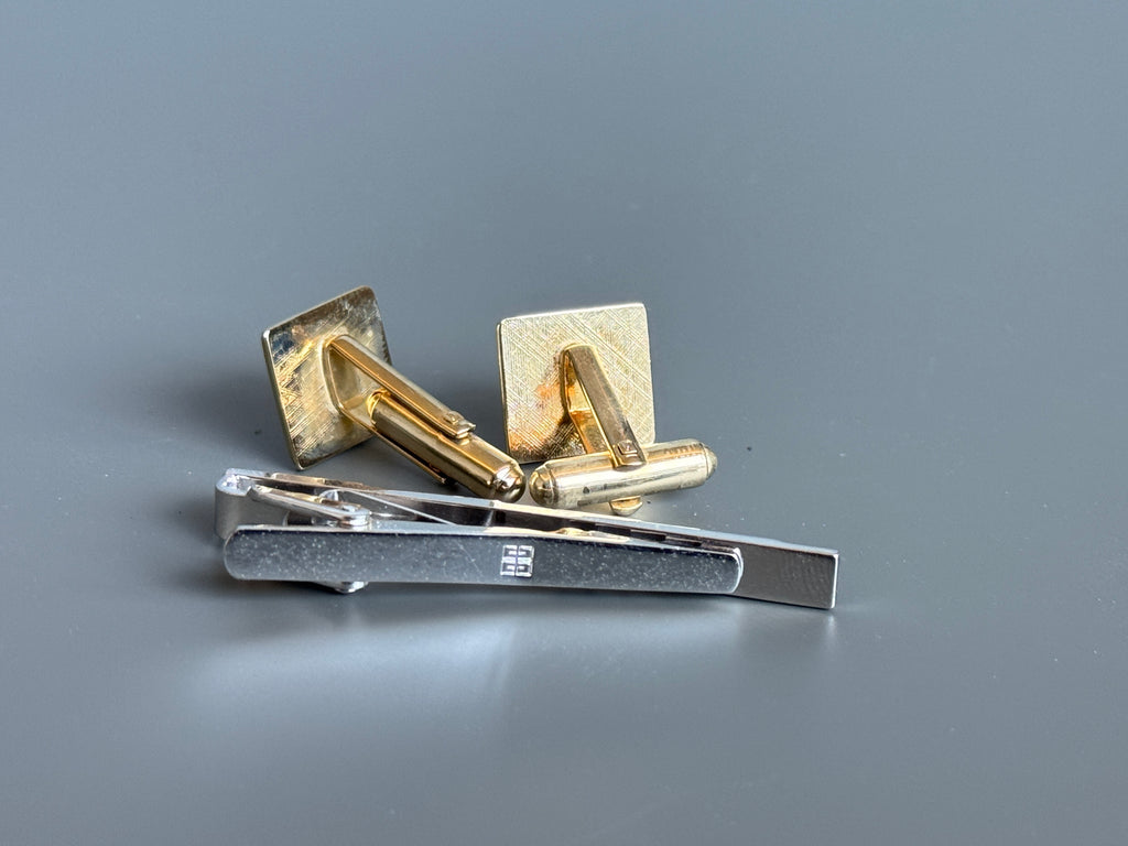 Givenchy Tie Pin &amp; Cufflink Set - Silver &amp; Gold, Iconic Logo (Vintage / Collectible)