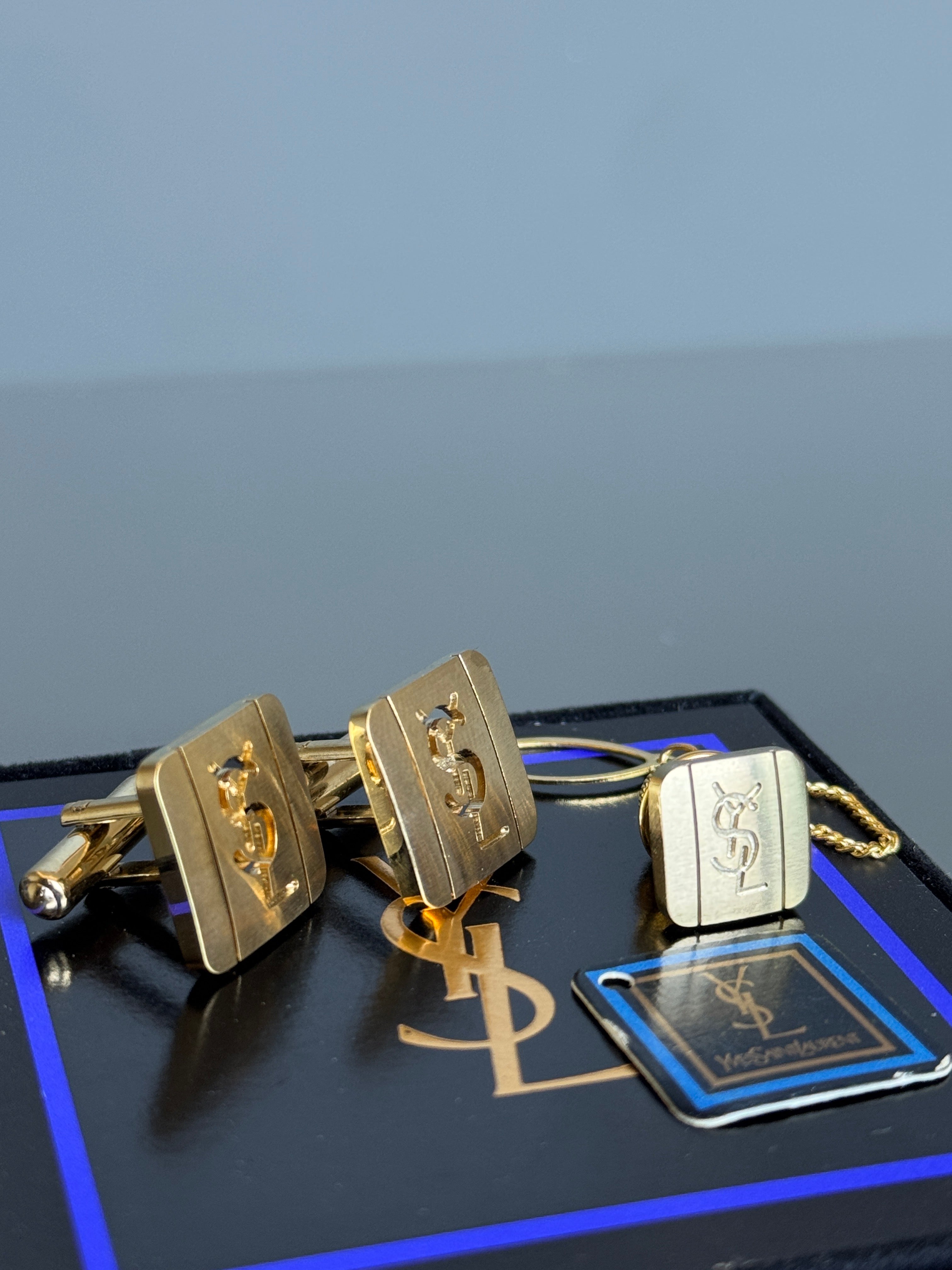 Yves Saint Laurent Men's Gift Set – Gold Cufflinks and Tie Clip | Luxury Accessory Box