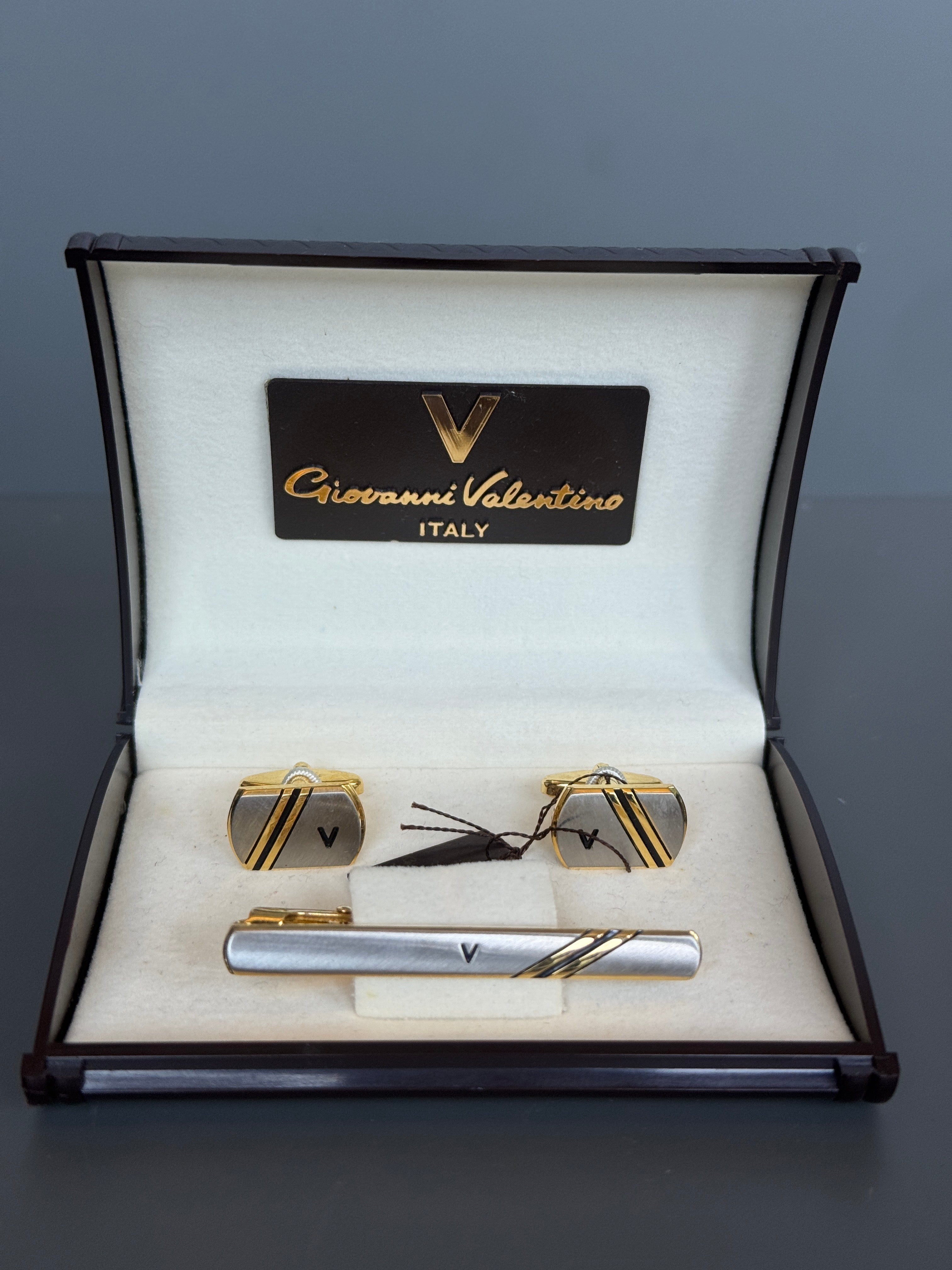 Giovanni Valentino Italy Men's Cufflink &amp; Tie Pin Set - Silver &amp; Gold Detailed