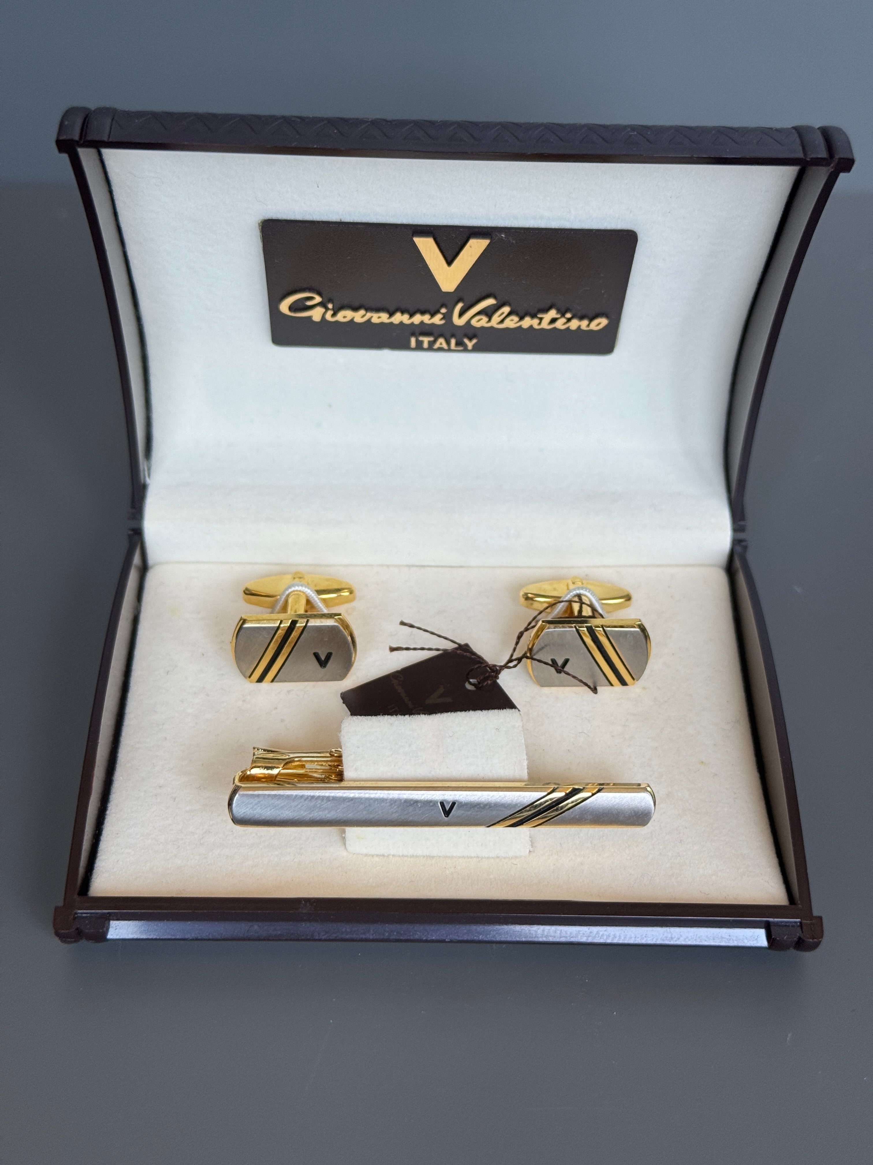 Giovanni Valentino Italy Men's Cufflink &amp; Tie Pin Set - Silver &amp; Gold Detailed