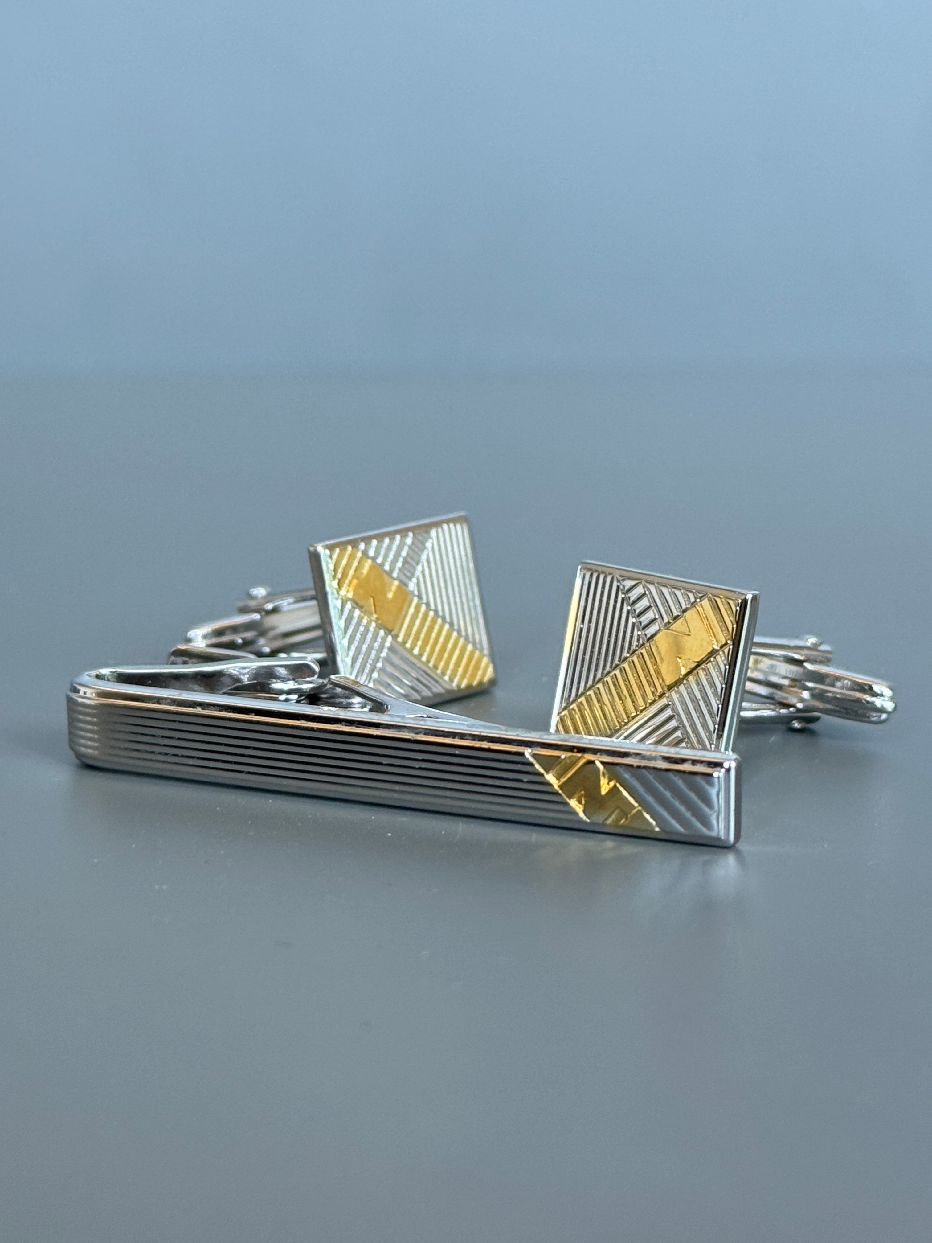 Nina Ricci Paris Men's Accessory Set – Silver &amp; Gold Detailed Cufflinks and Tie Pin | Luxury Gift Box