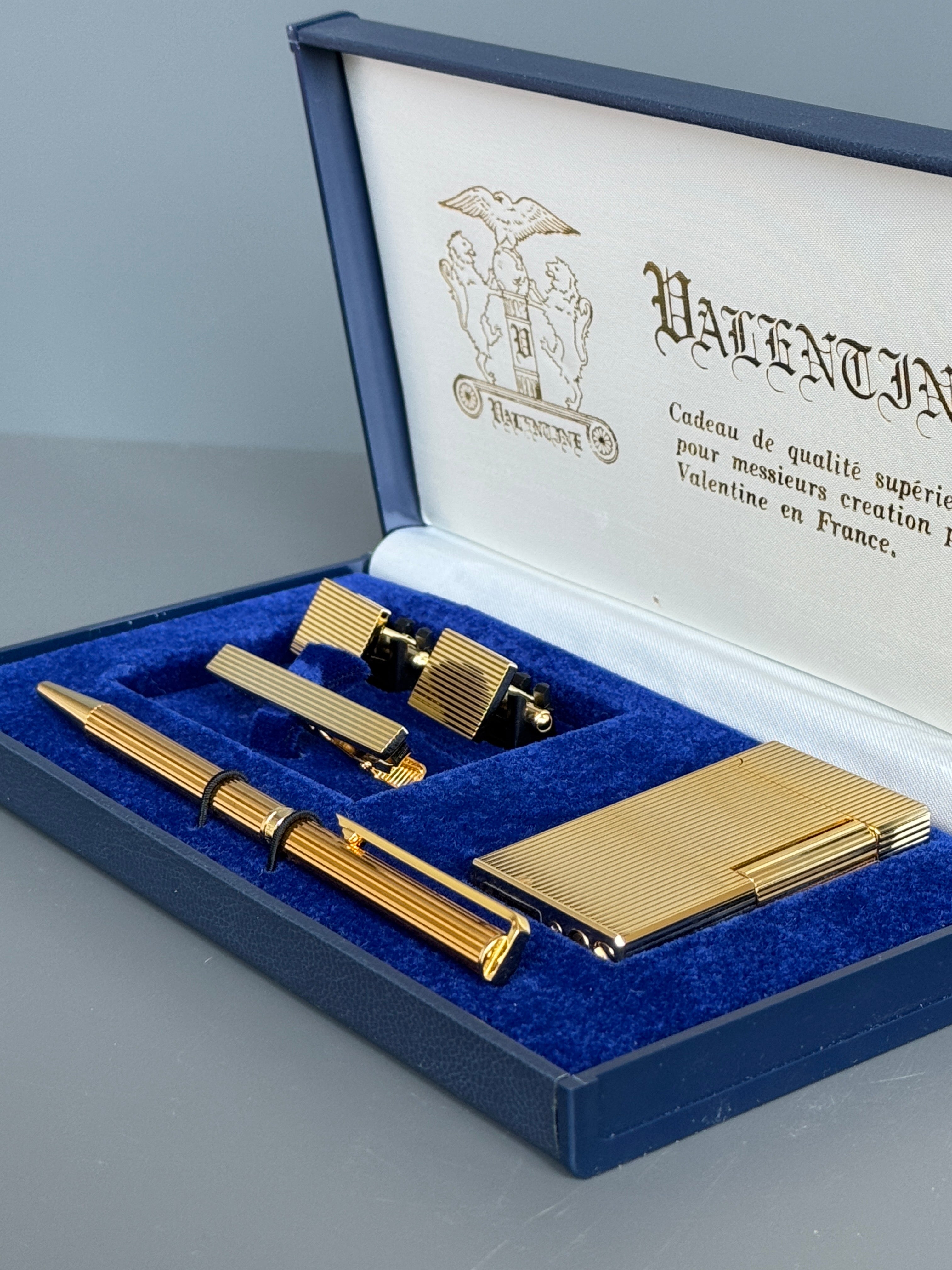 Valentine Paris Men's Gift Set – Gold Plated Pen, Lighter, Cufflinks and Tie Pin | Luxury Accessory Box