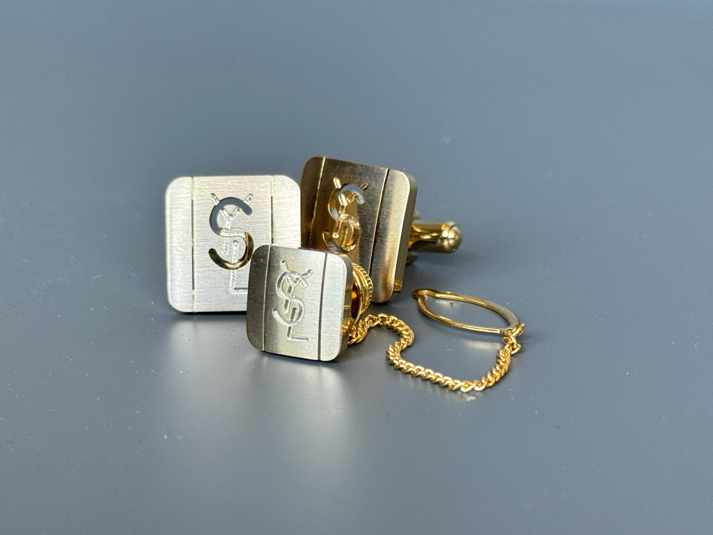 Yves Saint Laurent Men's Gift Set – Gold Cufflinks and Tie Clip | Luxury Accessory Box